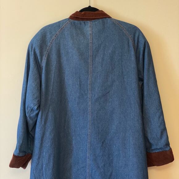 70s Vintage XXL long sleeve trench coat blue denim corduroy brown button down - Picture 6 of 7